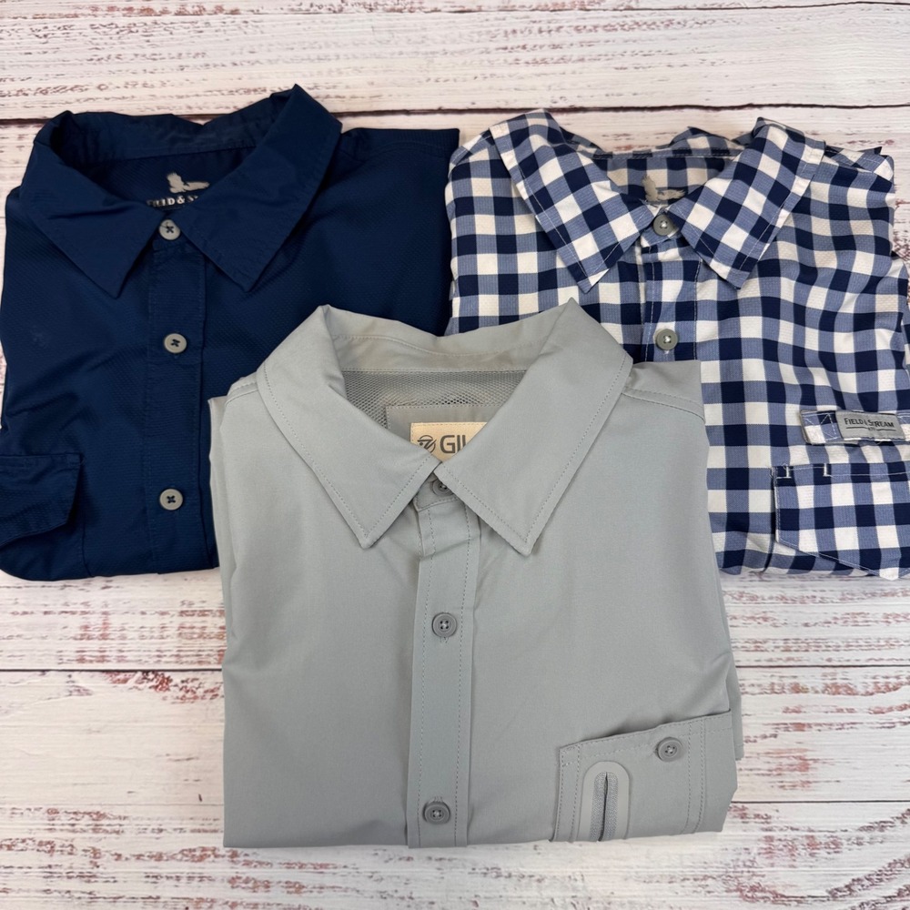 Lot of 3 Field & Stream Gillz-Tec Men's LS Button Up Shirts Lot LG‎ Blue Gray